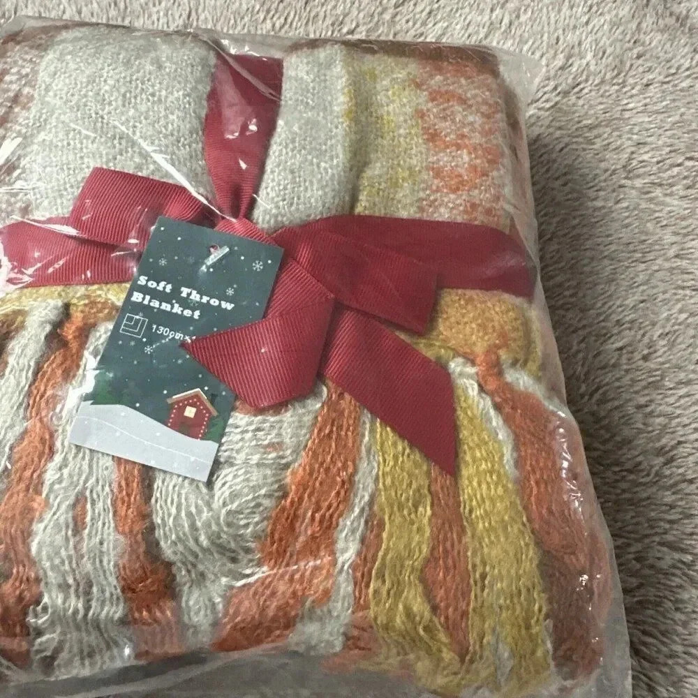 Orange Plaid Blanket Throw Acrylic Soft Reversible Dyed Fringed Bed Blanket f... - Picture 10 of 14